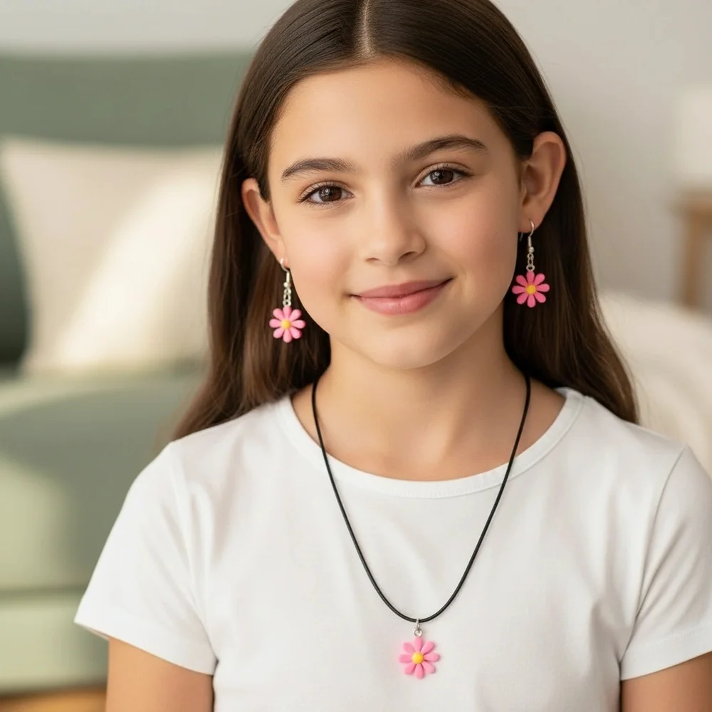 Hand Crafted Pink Flower Jewelry Set - Picture 3 of 12